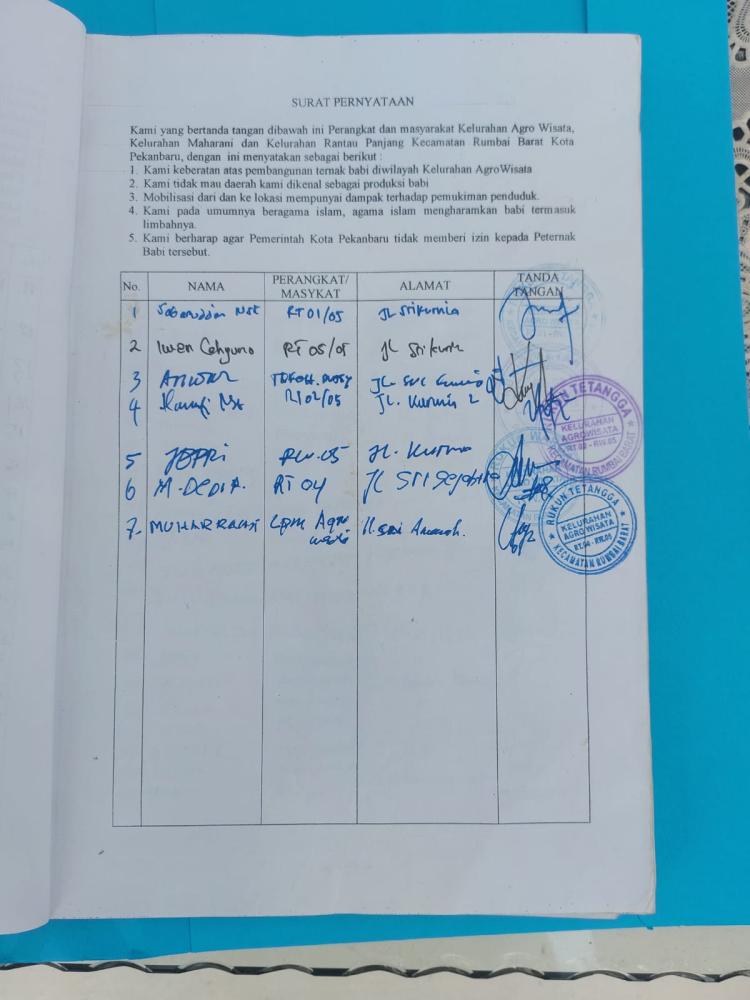 Penolakan Masyarakat terhadap Peternakan Babi, Ratusan Warga Agrowisata Rumbai Barat Teken Surat Pernyataan